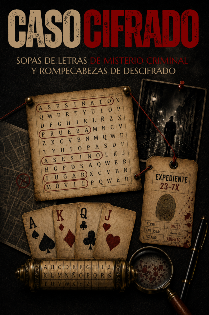 Portada del libro Caso Cifrado, sopas de letras criminales